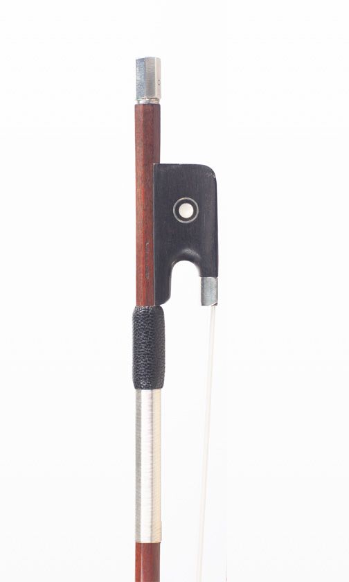 A nickel-mounted violin bow by Louis Morizot (freres), Mirecourt, 1950