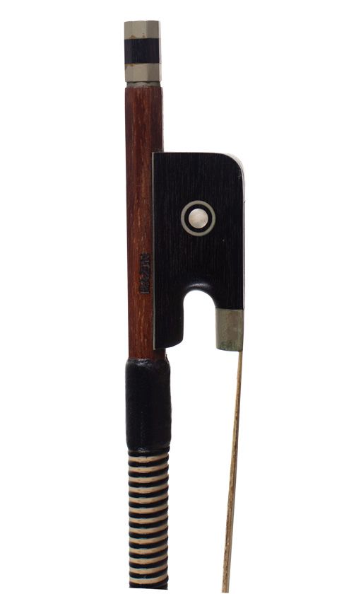A nickel-mounted cello bow, stamped Bazin