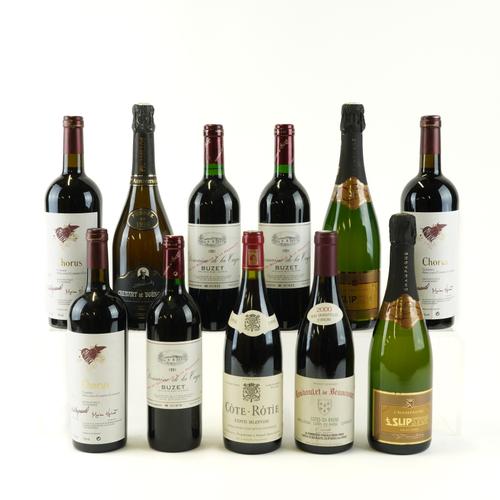 EIGHT BOTTLES RED WINE, TWO CHAMPAGNE AND ONE SPARKLING CREMANT DE BOURGOGNE