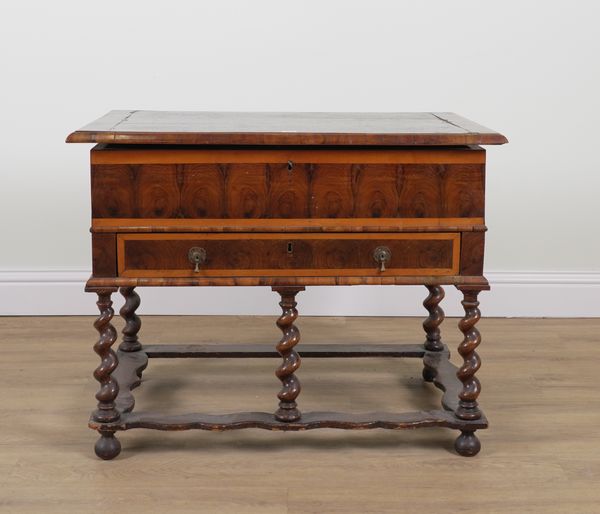 A 17TH CENTURY AND LATER WALNUT OYSTER VENEERED LIFT TOP SIDE TABLE