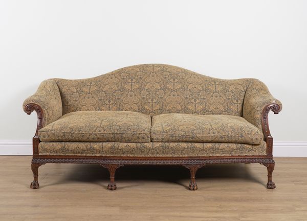 GEORGE II STYLE CARVED MAHOGANY FRAMED HUMP BACK SOFA