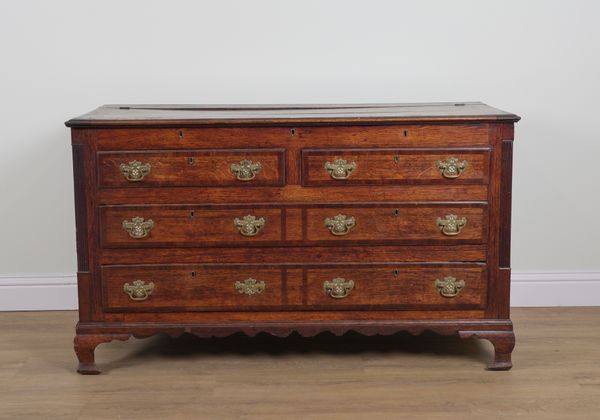 AN 18TH CENTURY AND LATER LANCASHIRE OAK MULE CHEST