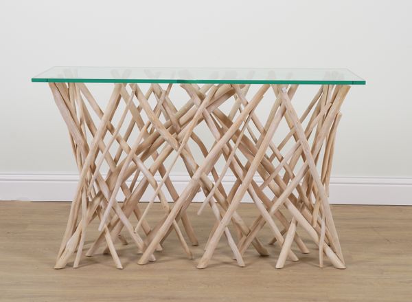 A CONTEMPORARY GLASS TOP CONSOLE TABLE