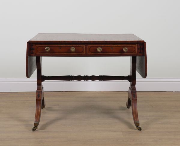 A REGENCY SATINWOOD BANDED MAHOGANY TWO DRAWER SOFA TABLE