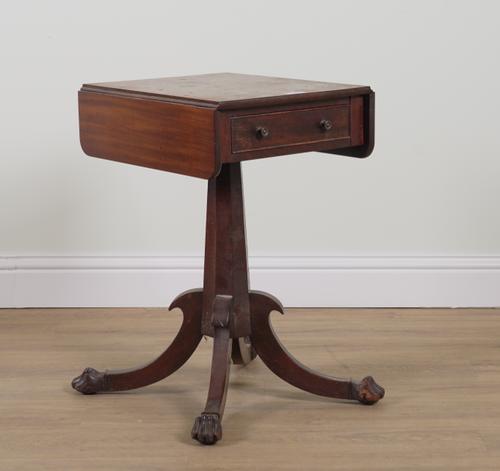 A LATE GEORGE III MAHOGANY DROP FLAP SINGLE DRAWER CENTRE TABLE