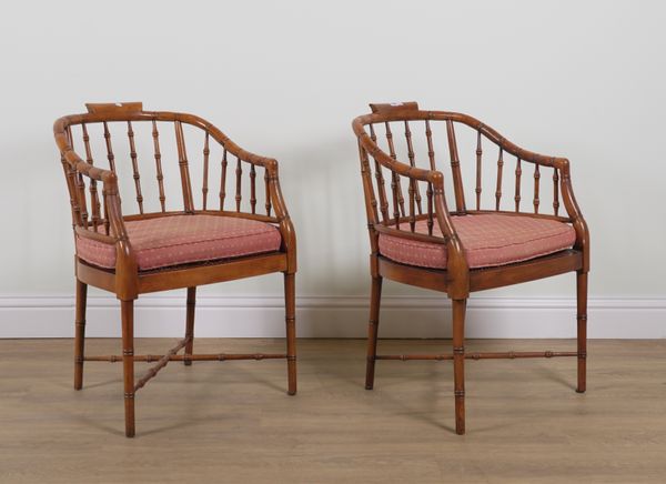 A PAIR OF FAUX BAMBOO CARVED BEECH TUB BACK ARMCHAIRS (2)