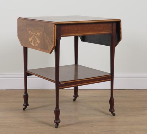 A LATE 19TH CENTURY SATINWOOD BANDED MARQUETRY INLAID TWO TIER DROP FLAP CENTRE TABLE