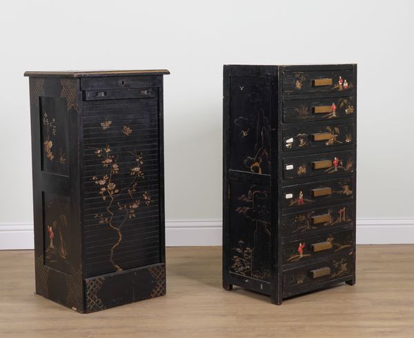 A MID 20TH CENTURY CHINOISERIE DECORATED EIGHT DRAWER TALL CHEST (2)