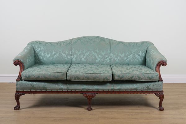 A GEORGE II STYLE CARVED MAHOGANY FRAMED HUMP BACK SOFA