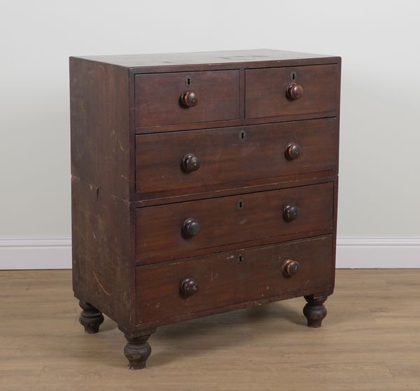 A 19TH CENTURY MAHOGANY TWO PART CAMPAIGN STYLE FIVE DRAWER CHEST