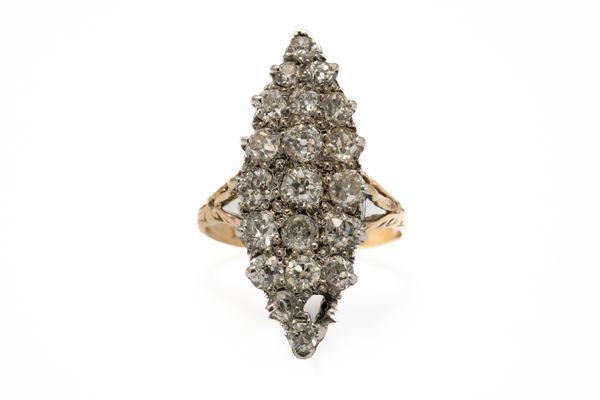 A GOLD AND DIAMOND MARQUISE SHAPED CLUSTER RING