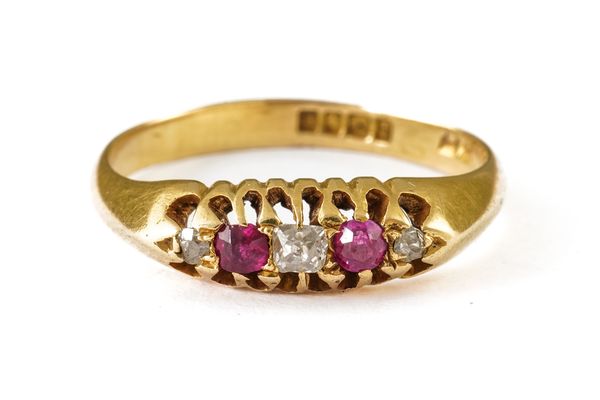 AN 18CT GOLD, RUBY AND DIAMOND FIVE STONE RING