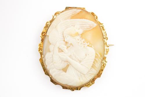 A GOLD AND OVAL SHELL CAMEO BROOCH