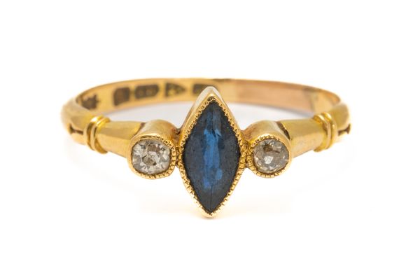 AN 18CT GOLD, SAPPHIRE AND DIAMOND THREE STONE RING