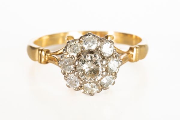 A GOLD AND DIAMOND NINE STONE CLUSTER RING