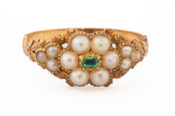 A VICTORIAN GOLD, EMERALD AND HALF PEARL CLUSTER RING