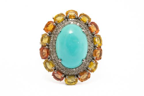 A SILVER, TURQUOISE, SAPPHIRE AND DIAMOND DRESS RING