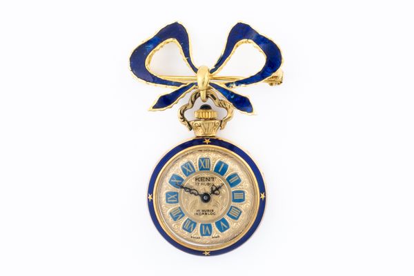 A GOLD CASED AND BLUE ENAMELLED FOB WATCH AND BROOCH