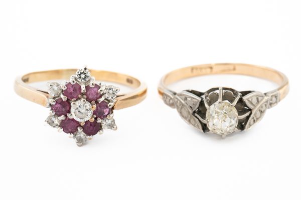 A GOLD AND PLATINUM DIAMOND SINGLE STONE RING AND ANOTHER RING (2)