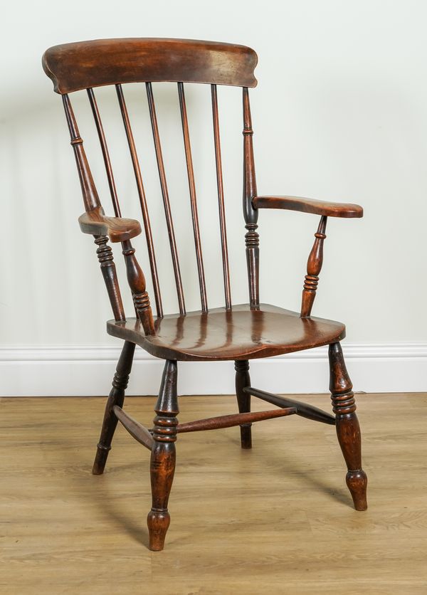 A 19TH CENTURY ASH FRAMED STICK BACK ARMCHAIR