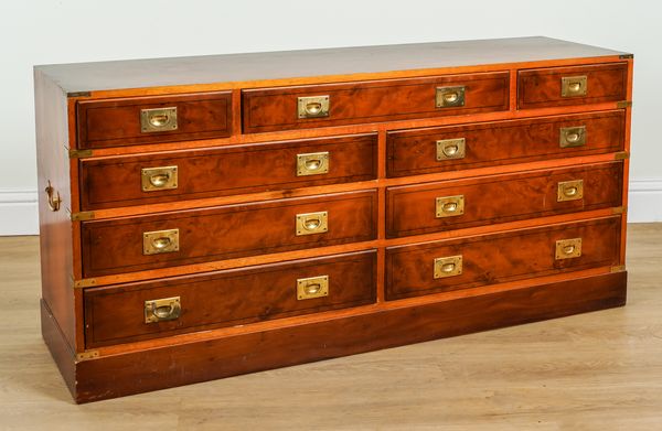 A CAMPAIGN STYLE YEW WOOD NINE DRAWER SIDE CHEST