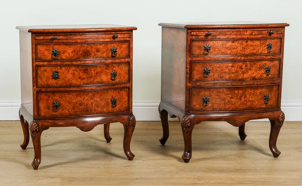 THEODORE ALEXANDER; A PAIR OF BURR WALNUT BOWFRONT THREE DRAWER BEDSIDE CHESTS (2)