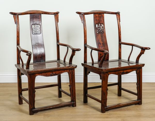 A PAIR OF EARLY 20TH CENTURY CHINESE EXPORT HARDWOOD OPEN ARMCHAIRS (2)