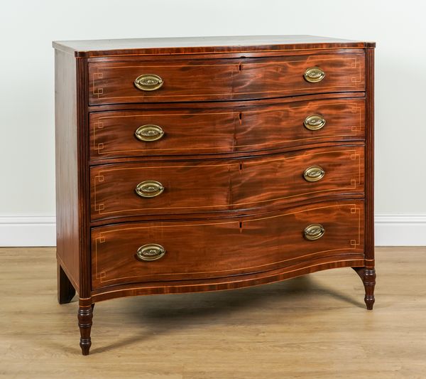 A GEORGE III INLAID MAHOGANY SERPENTINE FOUR DRAWER CHEST