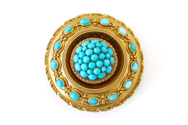 A VICTORIAN GOLD AND TURQUOISE CIRCULAR TARGET PENDANT (AS CONVERTED FROM A BROOCH)