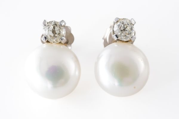 A PAIR OF DIAMOND AND CULTURED PEARL EARSTUDS