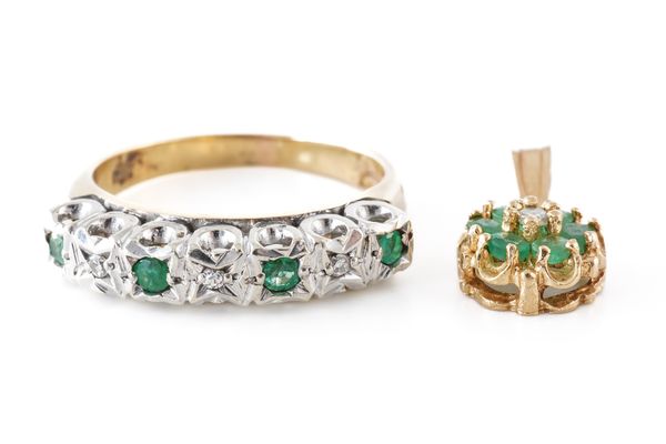 A 9CT GOLD, DIAMOND AND EMERALD RING AND A GOLD, DIAMOND AND EMERALD PENDANT (2)