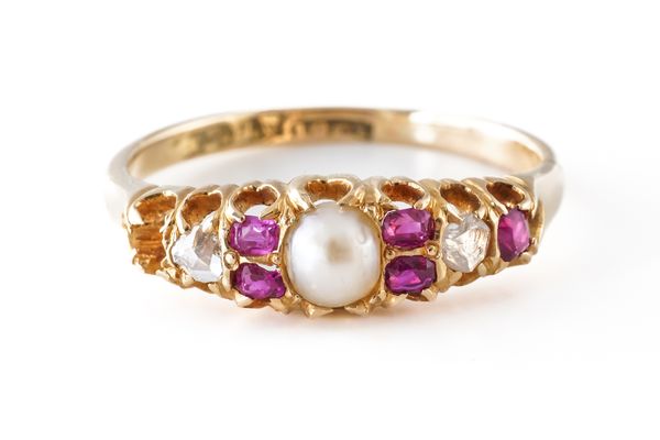 A GOLD, HALF PEARL, RUBY AND DIAMOND RING