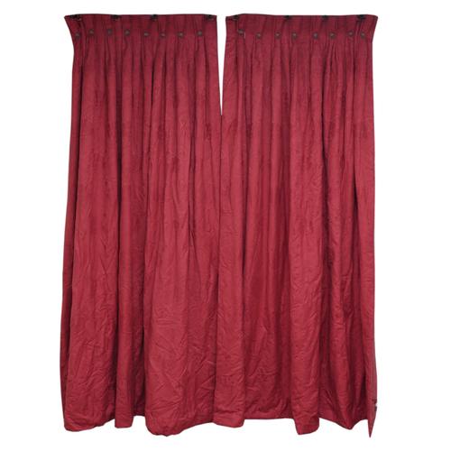 A PAIR OF RED COTTON DAMASK INTERLINED CURTAINS (2)