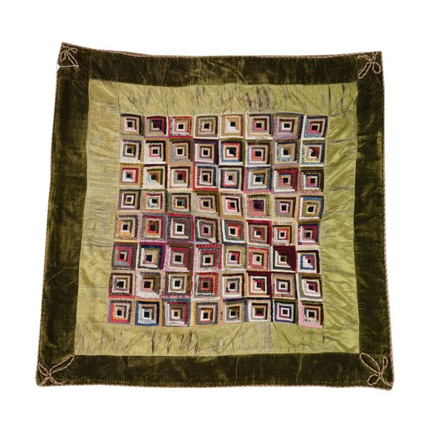 A SILK AND VELVET GEOMETRIC PATCHWORK WALL HANGING OR SMALL QUILT