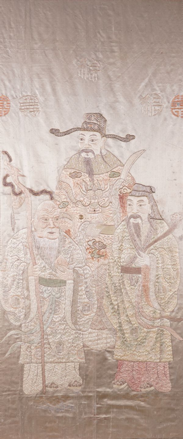 A CHINESE SILK EMBROIDERED TEXTILE PANEL OF THE THREE STAR GODS