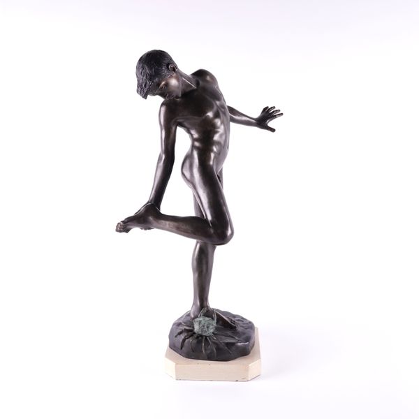 AFTER ANNIBALE DE LOTTO ( 1877-1932): A BRONZE PATINATED FIGURE OF THE BOY BITTEN BY A CRAB