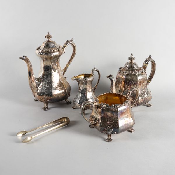 A VICTORIAN PLATED FOUR PIECE TEA AND COFFEE SET AND A PAIR OF SUGAR TONGS (5)