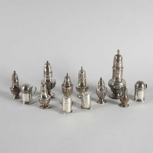 A COLLECTION OF ONE SILVER CASTER AND ELEVEN PEPPERETTES (12)