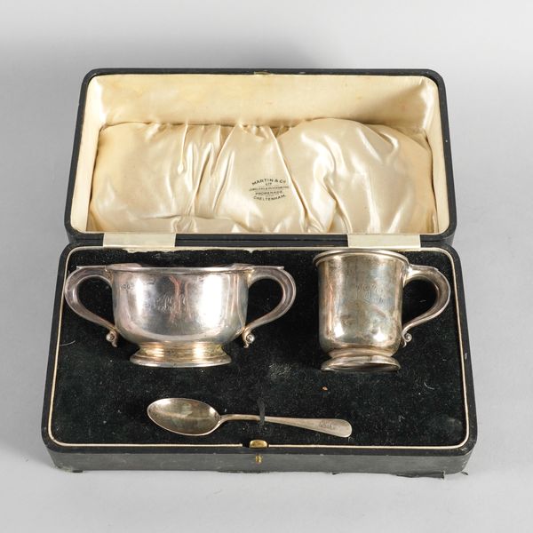 A SILVER THREE PIECE CHRISTENING SET