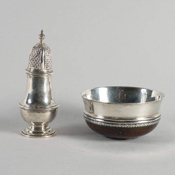 A SILVER MOUNTED TREEN BOWL AND A SILVER SUGAR CASTER (2)