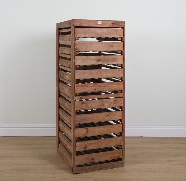 A PINE TEN DRAWER APPLE STORAGE RACK