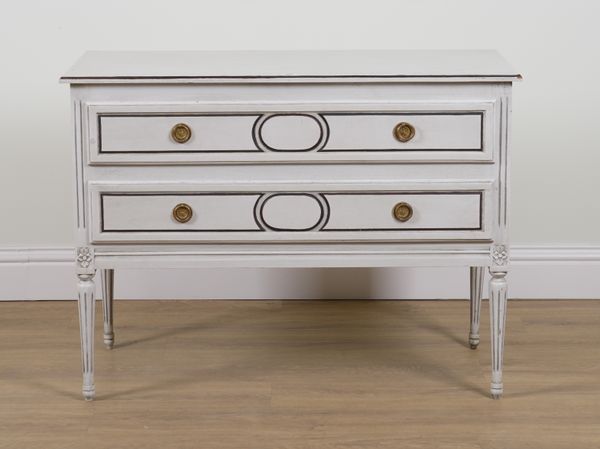 A LOUIS XVI STYLE GREY PAINTED TWO DRAWER COMMODE