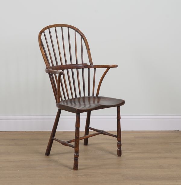 A 19TH CENTURY ASH AND ELM WINDSOR OPEN ARMCHAIR