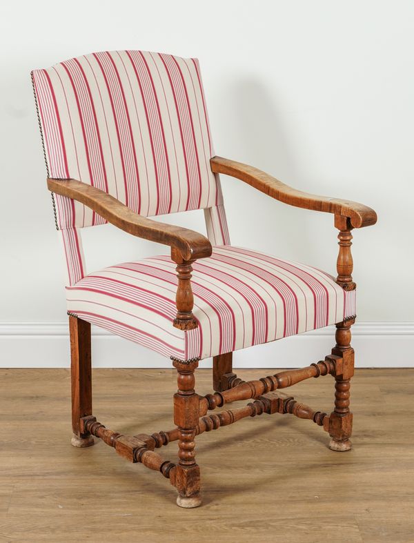 A 17TH CENTURY STYLE WALNUT FRAMED OPEN ARMCHAIR