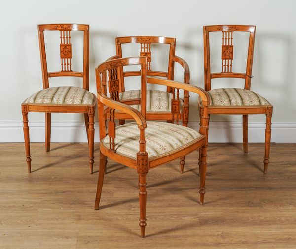 A SET OF FOUR ITALIAN MARQUETRY INLAID FRUITWOOD DINING CHAIRS (4)