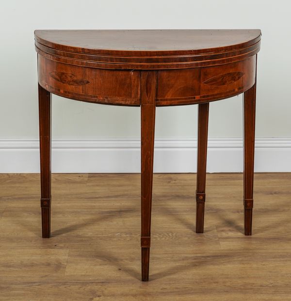 A 19TH CENTURY YEW WOOD BANDED MAHOGANY DOUBLE ACTION SEMI-ELLIPTIC TEA AND CARD TABLE