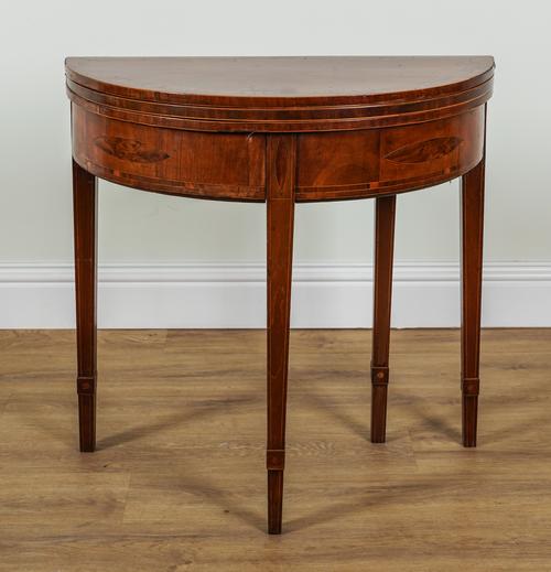 A 19TH CENTURY YEW WOOD BANDED MAHOGANY DOUBLE ACTION SEMI-ELLIPTIC TEA AND CARD TABLE