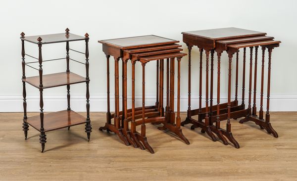 A NEST OF FOUR LATE 19TH CENTURY MAHOGANY AND WALNUT OCCASIONAL TABLES (3)