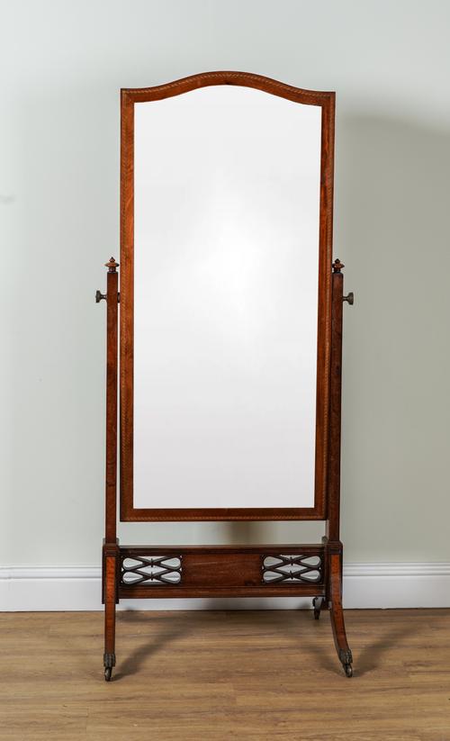 A LATE 19TH CENTURY INLAID MAHOGANY ARCH TOP CHEVAL MIRROR