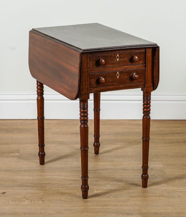 A WILLIAM IV MAHOGANY DROP FLAP TWO DRAWER WORK TABLE